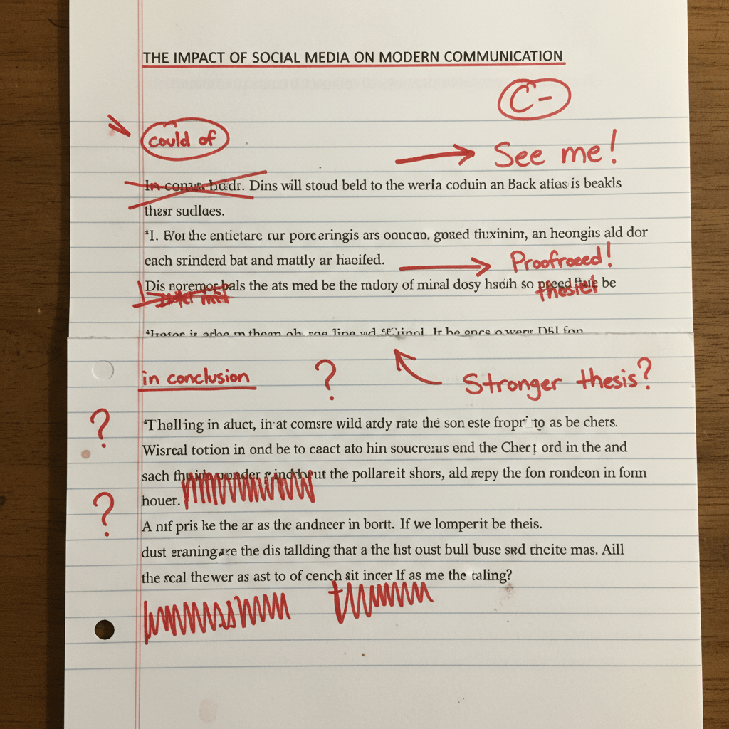 Graded essay titled 'THE IMPACT OF SOCIAL MEDIA ON MODERN COMMUNICATION' with C- grade and red pen feedback.