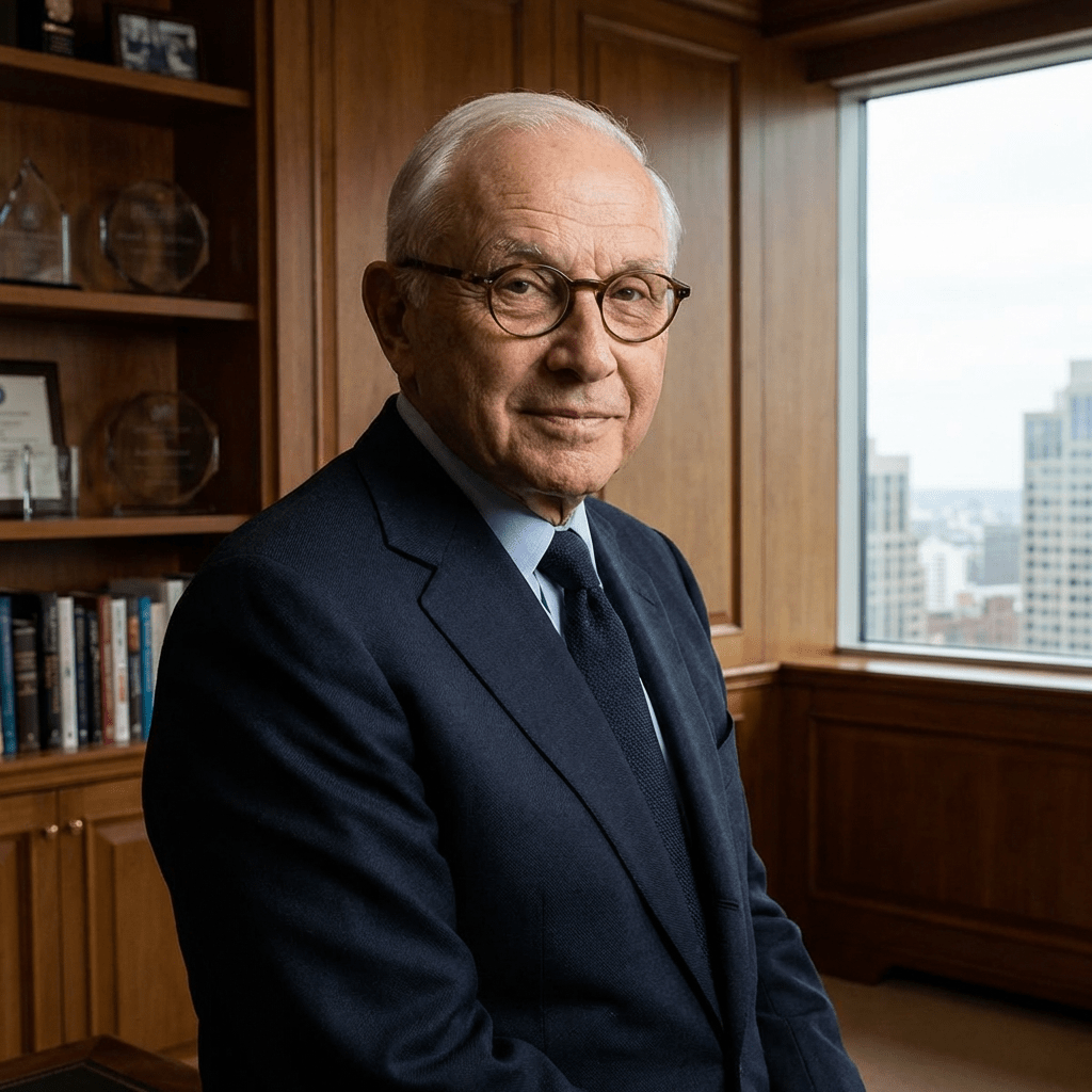 Older man in a navy suit in a professional wood-paneled office.