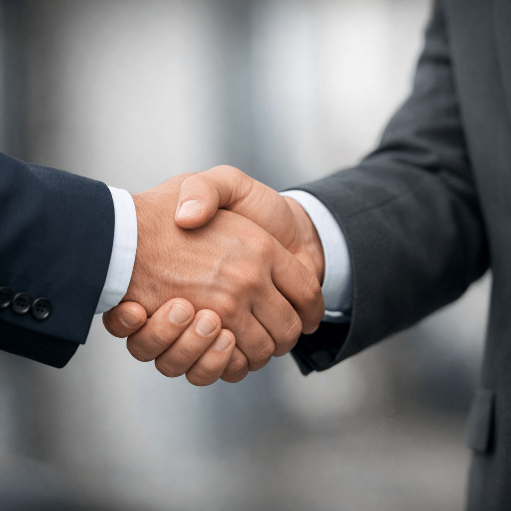 Close-up of two individuals in suits shaking hands
